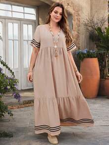 EMERY ROSE 大码V领短袖休闲条纹宽松连衣裙 - 杏色 - 查看 3