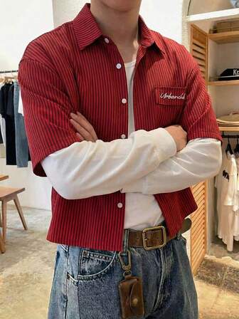 Manfinity Unisex 男士字母印花单排扣休闲条纹长袖衬衫