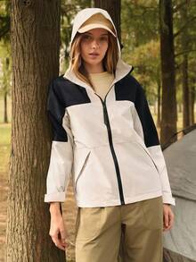 In My Nature Women's Zip-Up Hooded Jacket, Casual Color Block Windbreaker - White - View 1