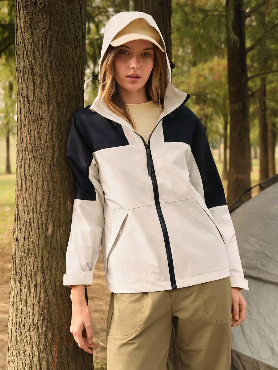 In My Nature Women's Zip-Up Hooded Jacket, Casual Color Block Windbreaker - White - View 1