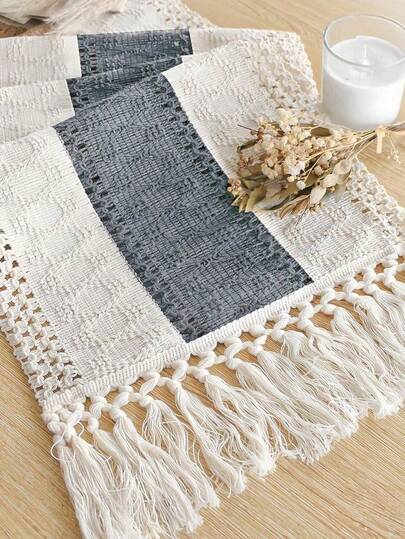 1PC Boho Table Runner Macrame Table Runners For Home Decor ,Cream & Gray Macrame Table Runner With Tassels For Boho Dining Bedroom Decor Rustic Bridal Shower,Farmhouse Rustic Table Runner,Place Mat, Valentine's Day Decoration, Gift Decor, Wedding Decor, (Multiple Sizes Available)