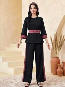 SHEIN Teen Girl Black Patchwork Printed Pattern Round Neck Long Sleeve Shirt And Pants Casual Suit - Black - View 6