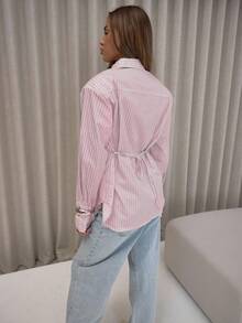 MUSERA Neck Tie Detail Button Down Cinch Tie Waist Stripe Shirt Classy Sexy Streetwear Fall Autumn Night Out Holidays Spring Summer - Pink - View 2