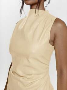 MUSERA High Neck Asymmetric Hem Faux Leather Top Sexy Going Out Autumn Fall Night Out  Cute Streetwear Feraux Holidays Party Spring Summer Festival - Cream - View 2