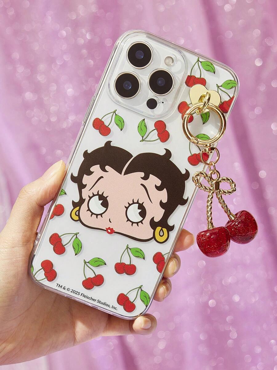 Betty Boop x SHEIN 樱桃吊坠手机壳,兼容 11-17 Pro Max,适用于 11-17 Pro Max,礼品创意,派对,节日,情人节 - 透白 - 查看 1