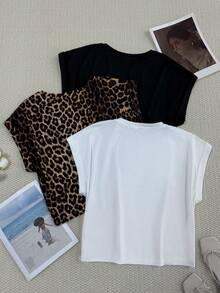 SHEIN LUNE 3pcs/Set Women Casual Round Neck Drop Shoulder Short T-Shirts, Suitable For Spring/Summer Casual Tops Women Summer Short Sleeve Tops Carnival - Multicolor - View 6