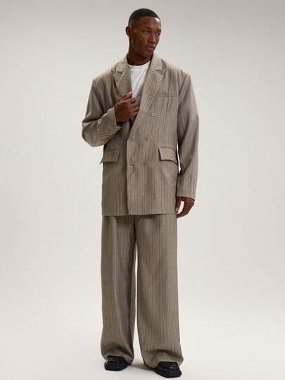 Musero 男士细条纹口袋细节宽松修身西装外套 秋冬商务休闲西装