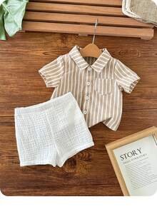 SHEIN Bộ áo sơ mi ngắn tay kẻ sọc và quần short cạp chun cho bé trai - Màu be - Xem 6