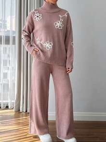 EURMUSE Women 3d Floral Embroidery Sweater Co-Ord Set - Dusty Pink - View 7