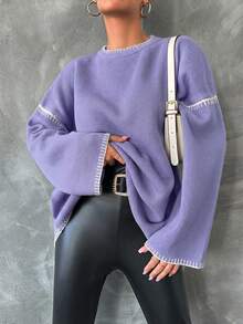 Women's Contrast Trim Crew Neck Casual Pullover Sweater - Lilac Purple - View 4
