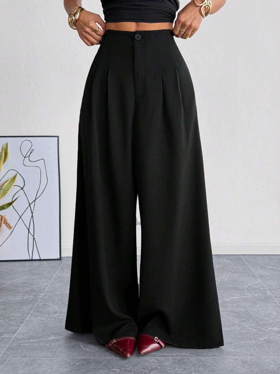 SHEIN EZwear Pantalones rectos de pierna ancha con pliegues sueltos de color negro para mujer - Negro - Ver 1