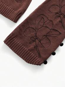 ZEYLAH Women's Casual Vacation Floral Embroidery Split Hem Loose Knit Sweater, Autumn/Winter - Coffee Brown - View 4