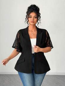 SHEIN Elenzya Elegant Lace Patchwork Waist Cinched Plus Size Women Blazer Jacket - Black - View 3