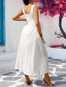 SHEIN Maternity Hollow Out Embroidery Overlap V-Neck Sleeveless Casual Dress, Summer Holiday Outfits , Summer Outfits, Summer Clothes