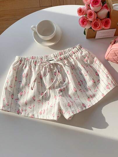 Comfortcana Women's Linen Ditsy Floral Drawstring Waist Casual Shorts