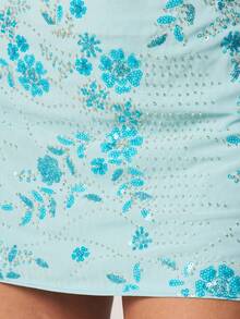 MISSGUIDED Sequin Embellished Floral Mini Skirt With Rhinestone Details Holiday Party Club Wear High Waisted Bodycon Festival Evening Sparkle - Blue - View 5