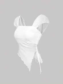 SHEIN MOD 女款 3件組抓皺貝殼袖網紗T恤，白色與黑色，夏季性感時尚，夜店風，紅色網紗上衣，優雅度假派對，假期沙灘上衣 - 彩色 - 查看 7