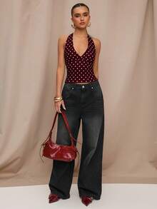 SHEIN BAE Black Polka Dot Print Casual Halter Neck Top, Suitable For Brunch, Outings, Dates, Commute, Cruise Outfits, Ibiza Outfits - Multicolor - View 5