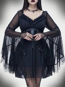 Coolane Abito nero con maniche a palloncino in pizzo, scollo a V, vita stretta con fiocco, outfit comodo da donna, stile grunge, goth, Y2K, punk, adatto per Ognissanti e feste - nero - Visualizzare 1