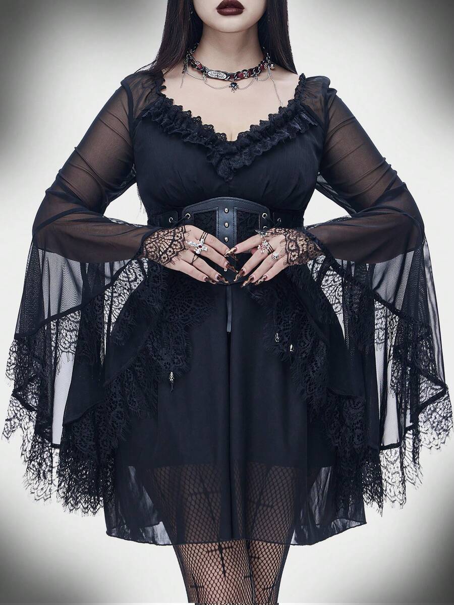 Coolane Abito nero con maniche a palloncino in pizzo, scollo a V, vita stretta con fiocco, outfit comodo da donna, stile grunge, goth, Y2K, punk, adatto per Ognissanti e feste - nero - Visualizzare 1