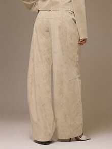 MUSERA Suedette Seam Detail Wide Jean Trousers Cool Girl Streetstyle Cute Fall Autumn Casual Summer - Cream - View 5