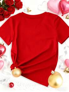 Manfinity Homme Unisex Valentine's Day Love Electrocardiogram Graphic Round Neck Short Sleeve T-Shirt, Romantic Couple- Red Heart - Red - View 2