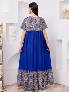 SHEIN Đầm dài tay ngắn, kiểu dáng chắp vá, mới, thích hợp cho các lễ hội, tiệc tùng và mặc hàng ngày, áo choàng Abaya truyền thống Trung Đông dành cho nữ tuổi teen. - Màu xanh lam - Xem 2