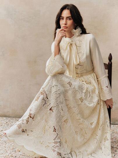 Anewsta Vestido mini elegante para fiesta y banquete, vestido entallado en la cintura con línea A, cuello alto calado, mangas acampanadas y bordado, con cinturón para mujeres