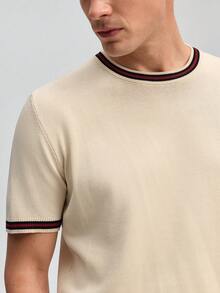 Officeau Men's Beige Knit Crew Neck T-Shirt, Striped Trim Design, Soft Fabric, Smart Casual Wear, Spring-Summer - Apricot - View 3