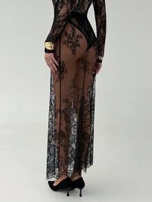 Aloruh Women's Sexy Sheer Lace Skirt - Black - View 2