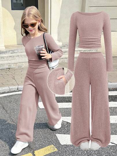 SHEIN Tween Girl Autumn/Winter Casual Fashion Versatile Ribbed Off-Shoulder/Off-Shoulder 2-Way T-Shirt Top With Pockets And Straight Leg Pants Set, Suitable For Weekend, Casual Outing, Back To School, Casual Two Piece Set, Girls Ribbed Set, Ribbed Two Piece Set