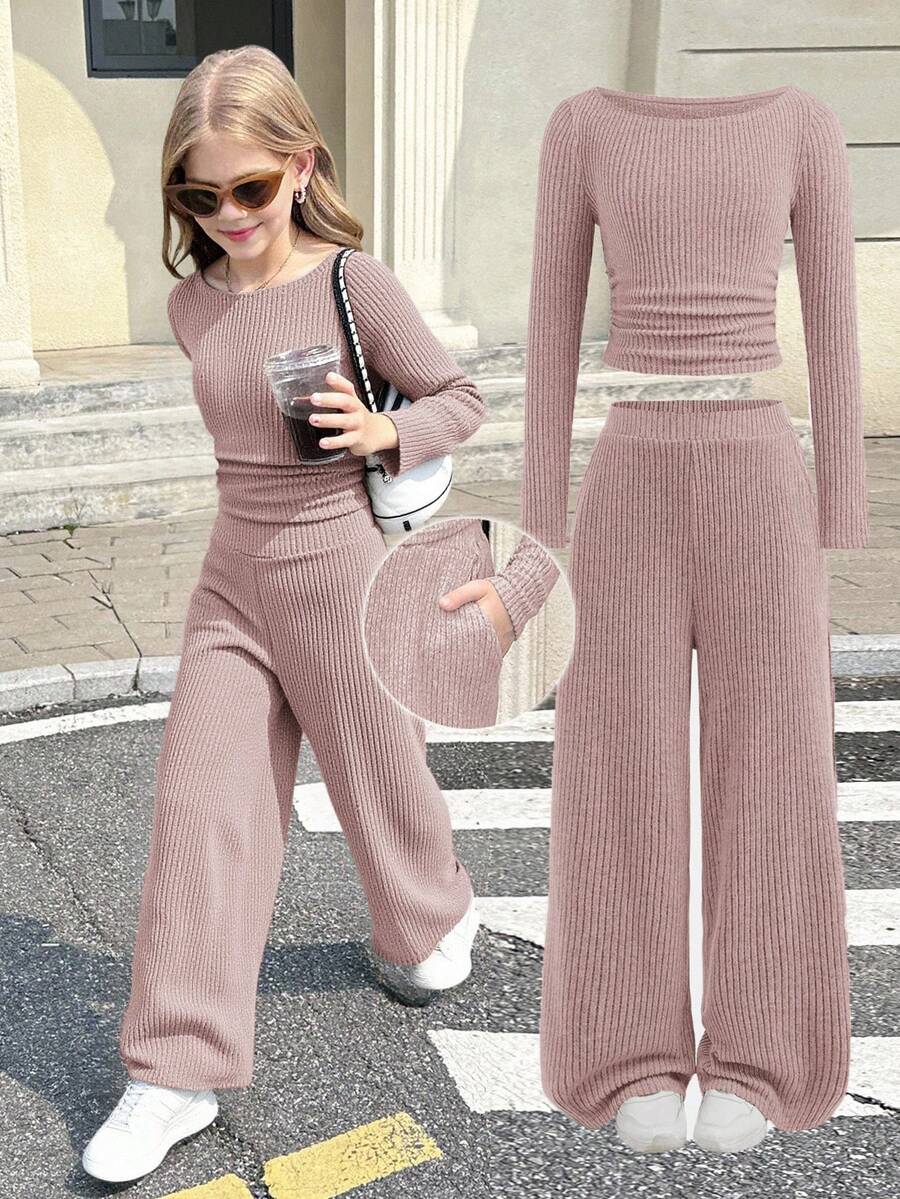 SHEIN Tween Girl Autumn/Winter Casual Fashion Versatile Ribbed Off-Shoulder/Off-Shoulder 2-Way T-Shirt Top With Pockets And Straight Leg Pants Set, Suitable For Weekend, Casual Outing, Back To School, Casual Two Piece Set, Girls Ribbed Set, Ribbed Two Piece Set - Baby Pink - View 1