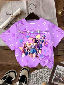 1件少女字母卡通图案圆领短袖T恤，适合K-Pop粉丝日常穿着，紫色时尚可爱街头风女童T恤，女童印花T恤，儿童卡通印花上衣，女童紫色T恤，K-Pop女童印花衬衫 - 粉色 - 查看 4