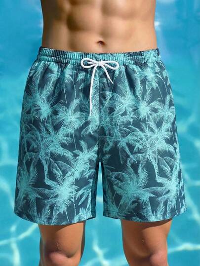 SHEIN Tween Boys Swimwear Casual Vacation Style Green Coconut Tree Printed Quick Drying Breathable Fabric Drawstring Elastic Waist Straight Tube Loose Fit Big Kids Single Beach Swimsuit Mens Patterned Swim Shorts Teal Swim Trunks Drawstring Swim Shorts Palm Tree Swim Shorts Patterned Swimming Shorts