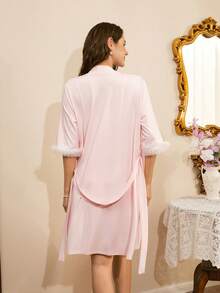 Côtesoire 3 Pieces Pink Summer Elegant Lace Lounge Set,French Mesh Patchwork Robe, V-Neck Camisole&Trim Shorts Sleepwear For Women Maternity Nightgown Set - Pink - View 2