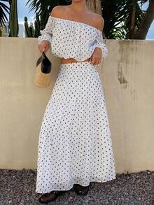 Livesso Women's Loose Casual Vacation Style Fashion White Chiffon Beach Cover Up Top & A-Line Polka Dot Print Skirt 2 Pieces Set, Spring/Summer - White - View 1