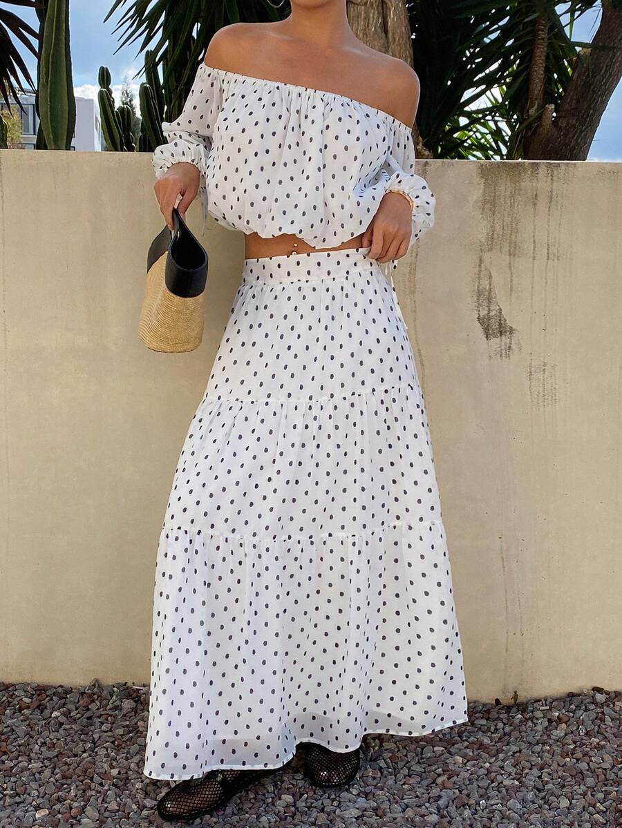 Livesso Women's Loose Casual Vacation Style Fashion White Chiffon Beach Cover Up Top & A-Line Polka Dot Print Skirt 2 Pieces Set, Spring/Summer - White - View 1