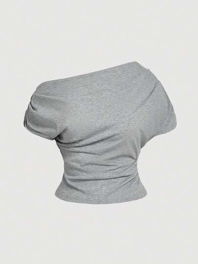 SHEIN MOD Blusa de verano para mujer de talla grande, con textura de jacquard a rayas negras y blancas, hombros oblicuos, a rayas negras y blancas, con costillas, fruncido en la cintura, mangas fruncidas, informal, camiseta de verano