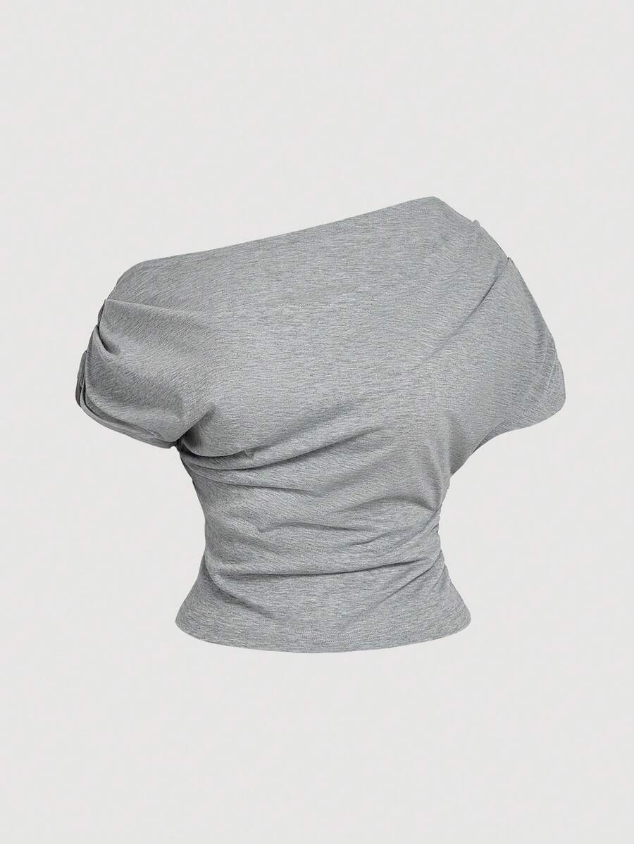 SHEIN MOD 大码女式针织提花黑白条纹斜肩上衣，黑白条纹，罗纹，腰部褶皱，侧袖褶皱，休闲夏季T恤，女式夏季衬衫 - 灰色 - 查看 1