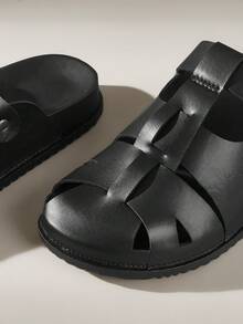 Solecia 2025夏季新款复古圆头镂空透气平底舒适凉鞋 - 純黑色 - 查看 5