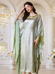 Al Najma Women's Elegant Crew Neck Velvet Long Dress With 3D Tassel Floral Trim - Green - View 4
