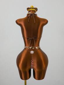 Zestiva Spring/Summer Jacquard Knit Halter Backless Bikini Top And Thong Bottoms Women Sexy Swimwear Set For Beach Vacation Seashell Swimsuit Metallic Swimsuit Rhinestone Swimsuit - Multicolor - View 1