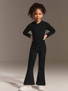 SHEIN Young Girls Black Ribbed Knit Set, Soft Pure Cotton High Stretch Rib Fabric Hoodie Outfit - Black - View 4