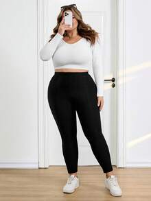 SHEIN CURVE+ 大码女式高弹力保暖打底裤，带侧袋，基础款返校季大码打底裤，大码紧身裤，大码高弹力打底裤，带口袋，Y2K风格 - 黑色 - 查看 9