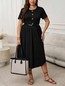 SHEIN LUNE Plus Size Basic Front Button Decor Round Neck Short Sleeve Comfortable Black Dress, Spring/Summer - Black - View 8