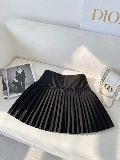SHEIN Falda plisada de unicolor casual para niñas con acento de lazo