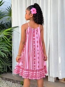 Girls' Pink Floral Print Spaghetti Strap Ruffle Hem Casual Vacation Dress - Pink - View 2