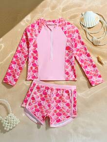 Young Girls One Piece Cute Pink Fish Scale Splicing Pink Printed Top Knitted Fabric Long Sleeve Zipper Design Split Two Piece Set Fashionable And Casual Exquisite Gorgeous Ladies Suitable For Swimming Suitable For Summer Vacation Beach Beach Swimming Pool Summer Party Leisure Vacation Kids Girl Rash Guard 2 Piece Pink Swim Shirt For Girls Kids Clothing Sun Protection Girls Swimsuit Long Sleeve Rash Guard Girls Rash Guard 2 Piece - Multicolor - View 3
