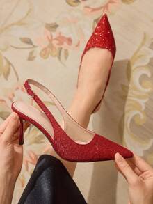 CUCCOO TILAWA Women's Fashionable Elegant Party Glitter Pointed Toe Pumps Valentine's Day - Red - View 6