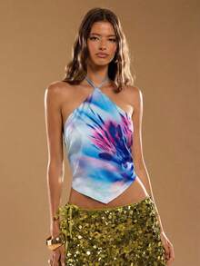 SHEIN BAE Damblus med asymmetrisk fåll och sexig halterneck, tie-dye-mönster - Babyblå - Visa 6